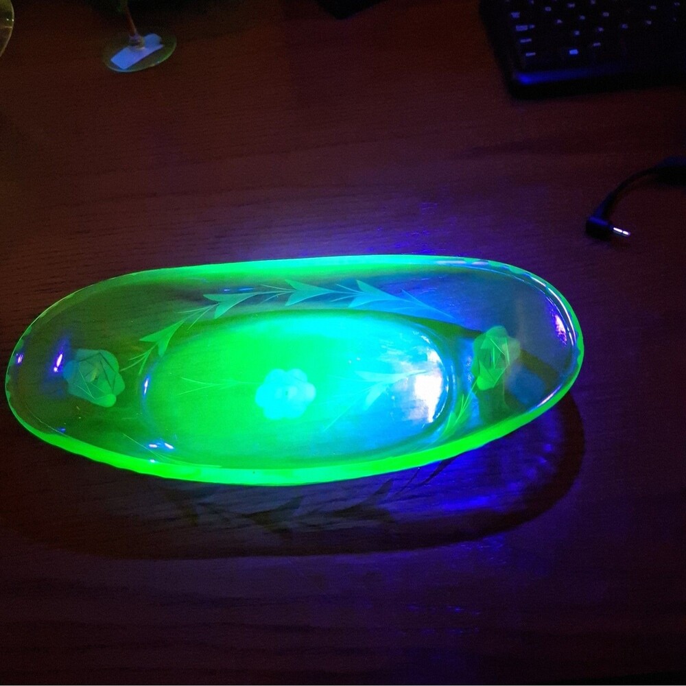 Vintage Fostoria Green Uranium Glass Celery Dish Etched Rose Relish Tray 12.5"